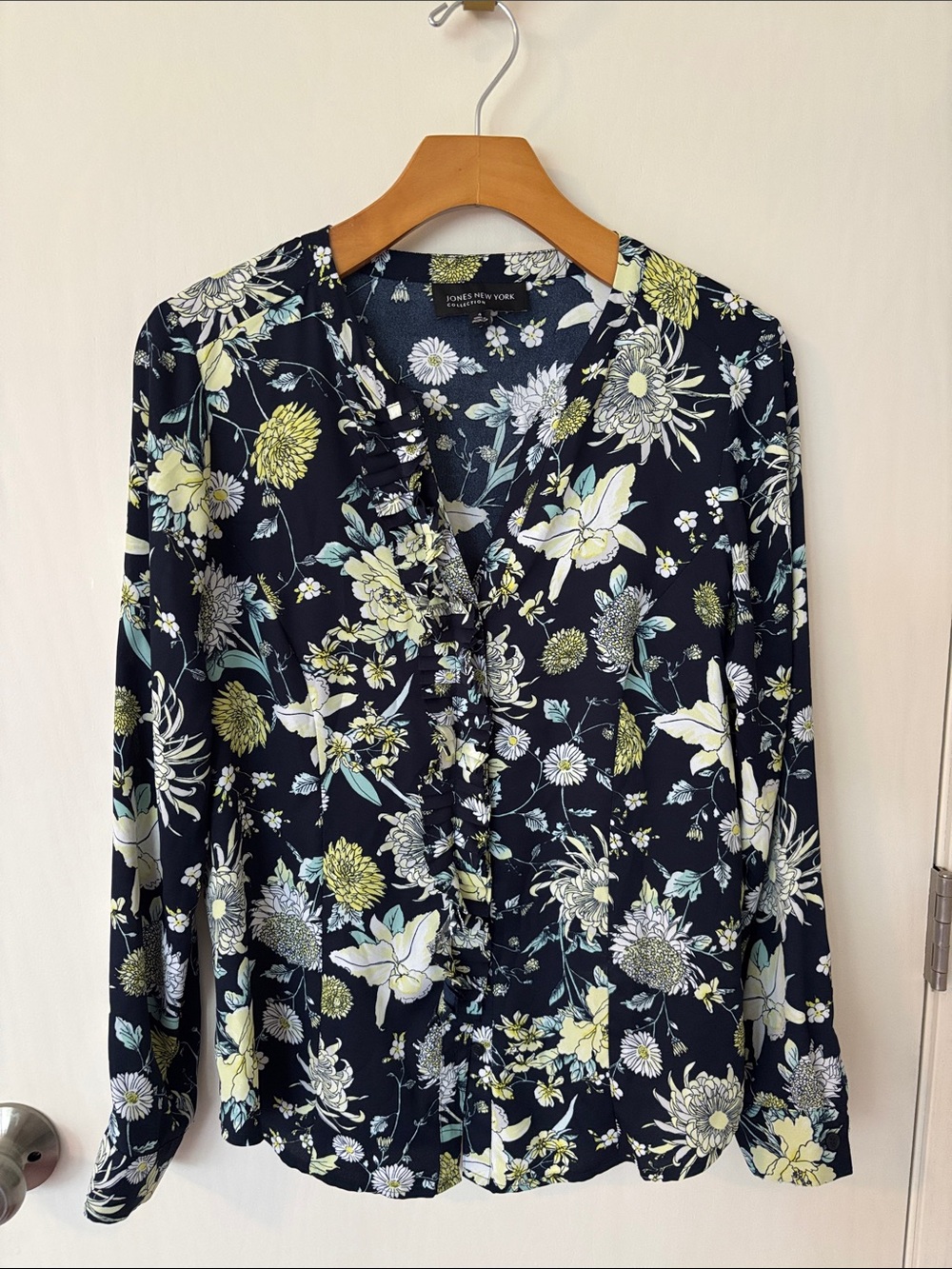 Jones NY Floral V-Neck Long-Sleeve Blouse - Black with Yellow & White Floral